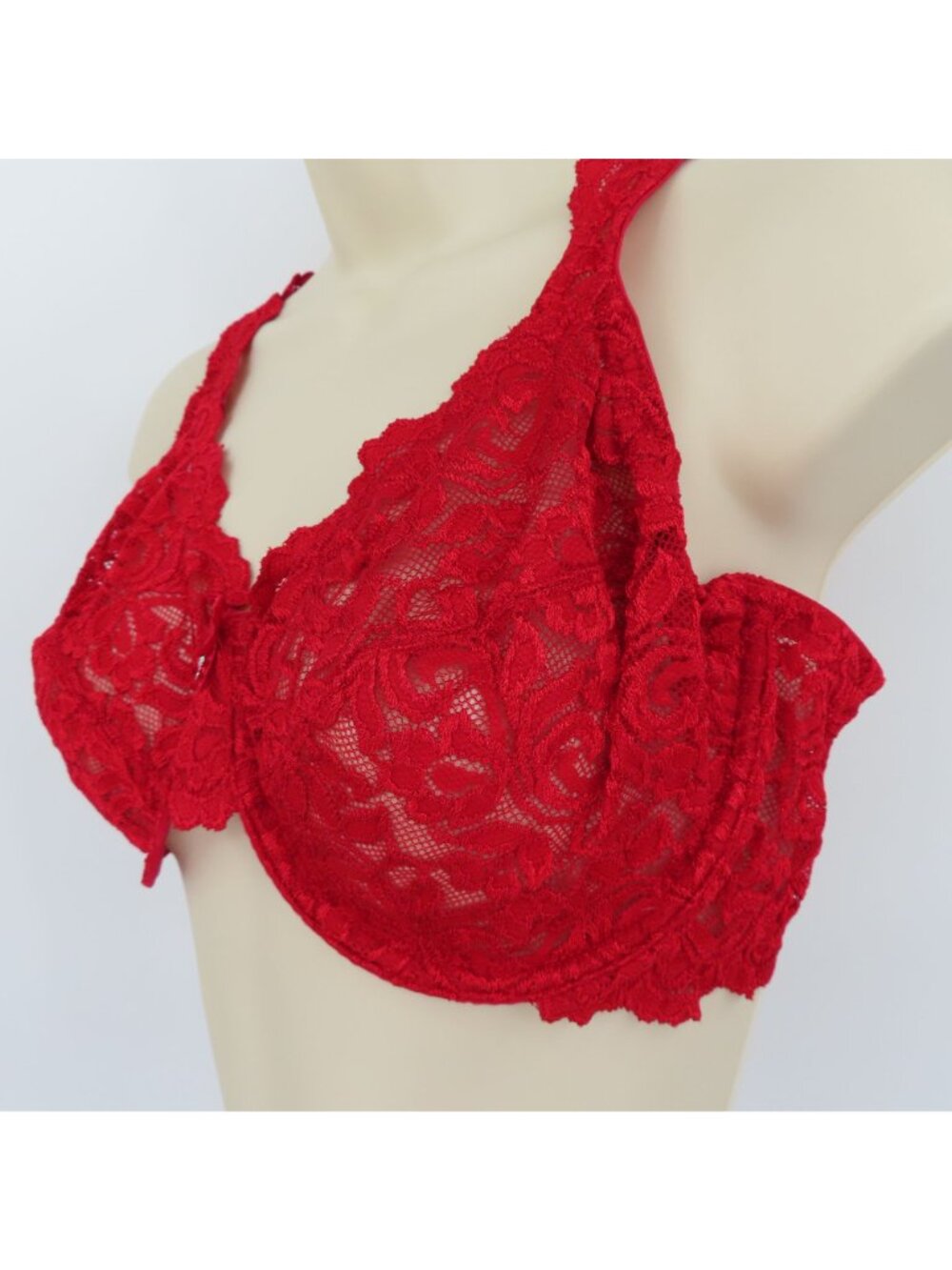 Secret Treasures 38D Bra Rhinestone Sheer Solid Red Lace Mesh Underwire Unlined - Picture 5 of 15